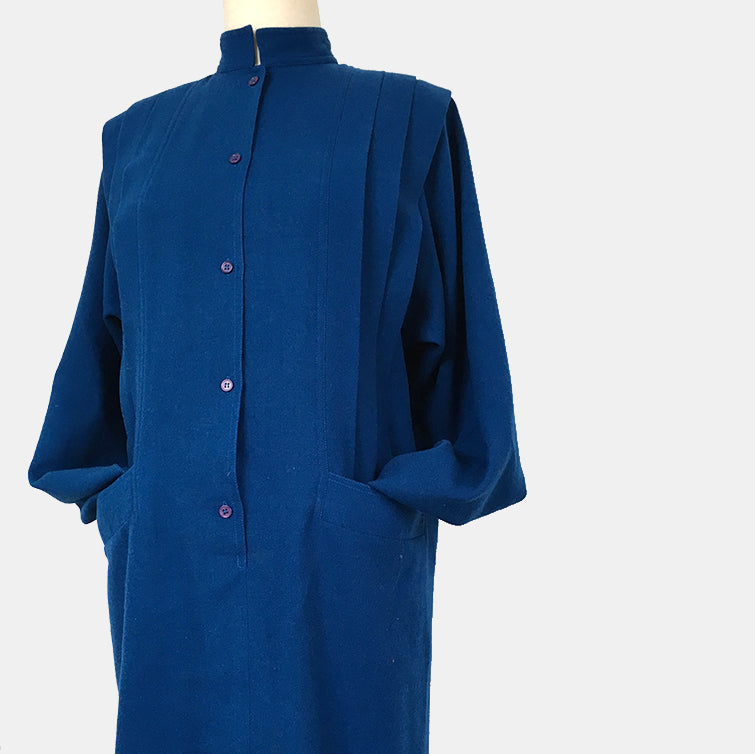 1980s Indigo Blue Wool Button-Front Made in Germany Pleated Dress