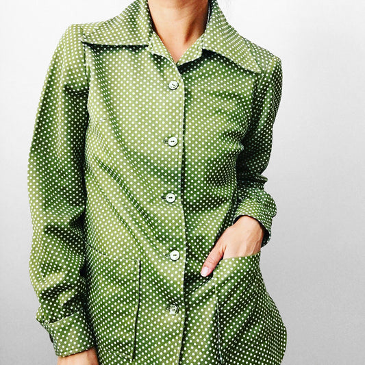 1970s Green Polka-Dot Wide Lapel Long Sleeve Button-Front Shirt