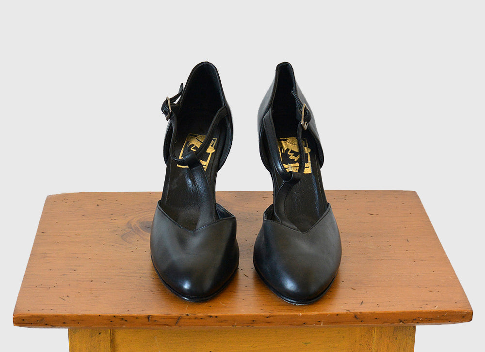 1970s Black Leather T-Strap High Heel Pump