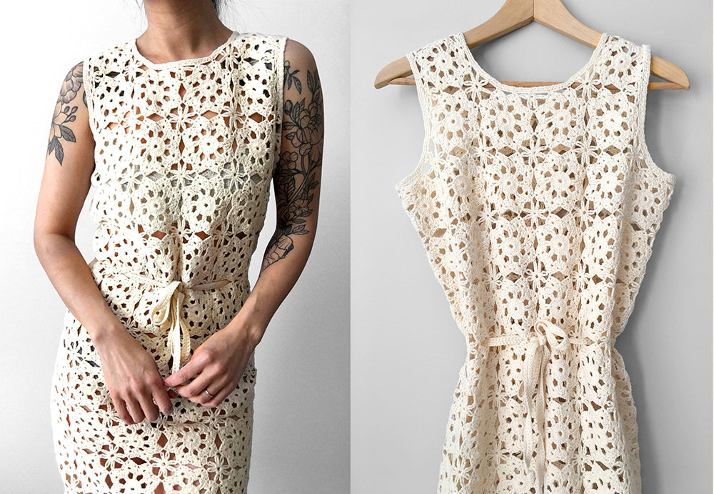 1970s Belted Knee-Length Fitted Cream Crochet Dress