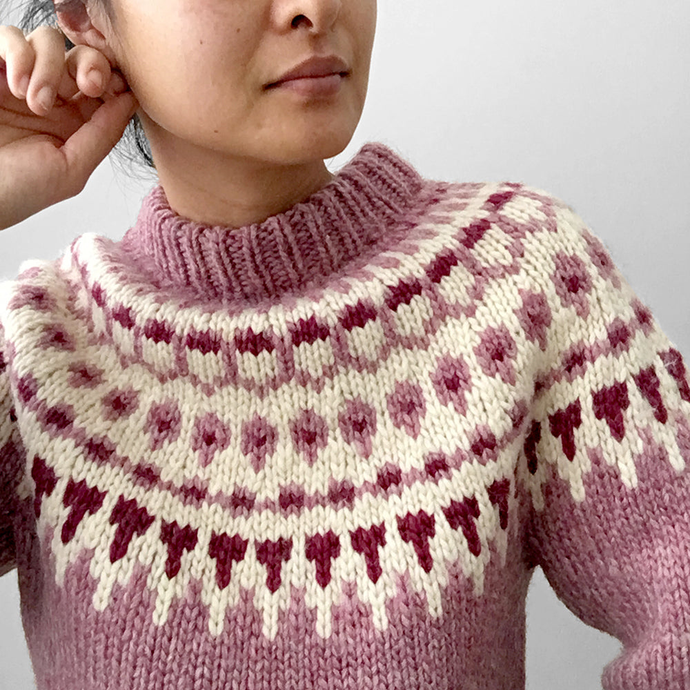 Mauve and Cream Handmade Nordic Knit Pullover Sweater