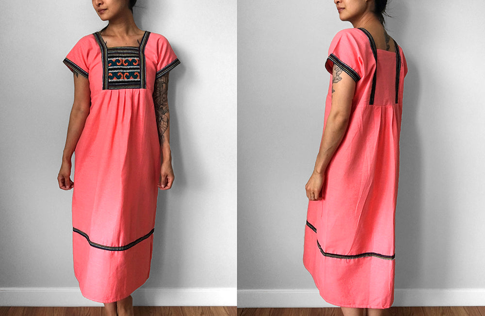 1970s Pink Cotton Linen Cross Stitch Dress