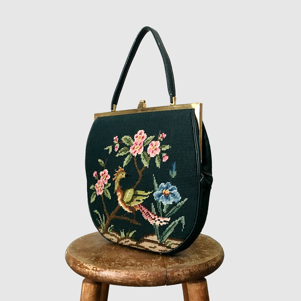 Teal Flower and Bird Needlepoint Handbag