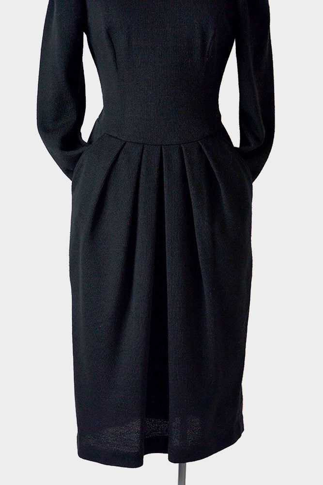 1940s Black Peter Pan Beaded Collar Pleated Zip Back Knit Dress