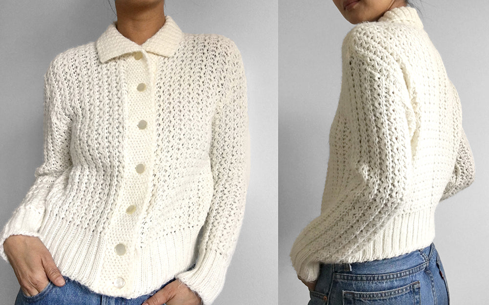 1960s Creme Collared Handmade Fitted Knit Cardigan Sweater