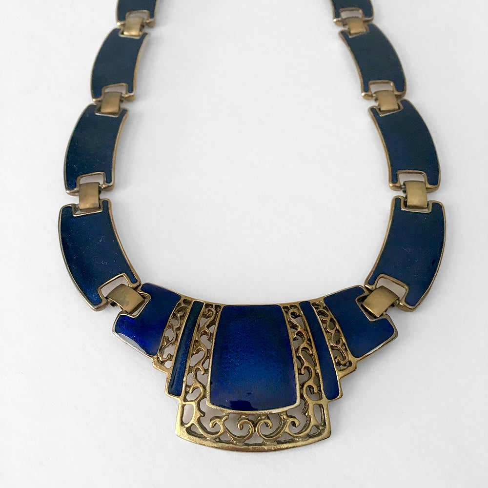 1970s Blue Gold-toned Enamel Sapphire Blue-Toned Link Necklace