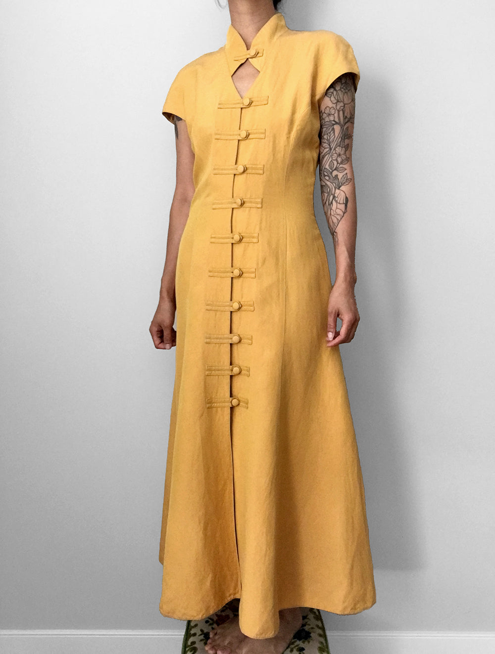 1990s Made in Germany Yellow Button-Front Mandarin Collar Dress