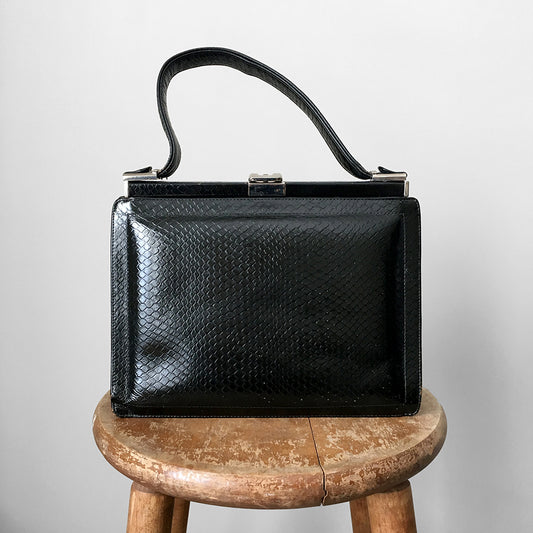 1960s Structured Black Leather Top Handle Handbag Purse