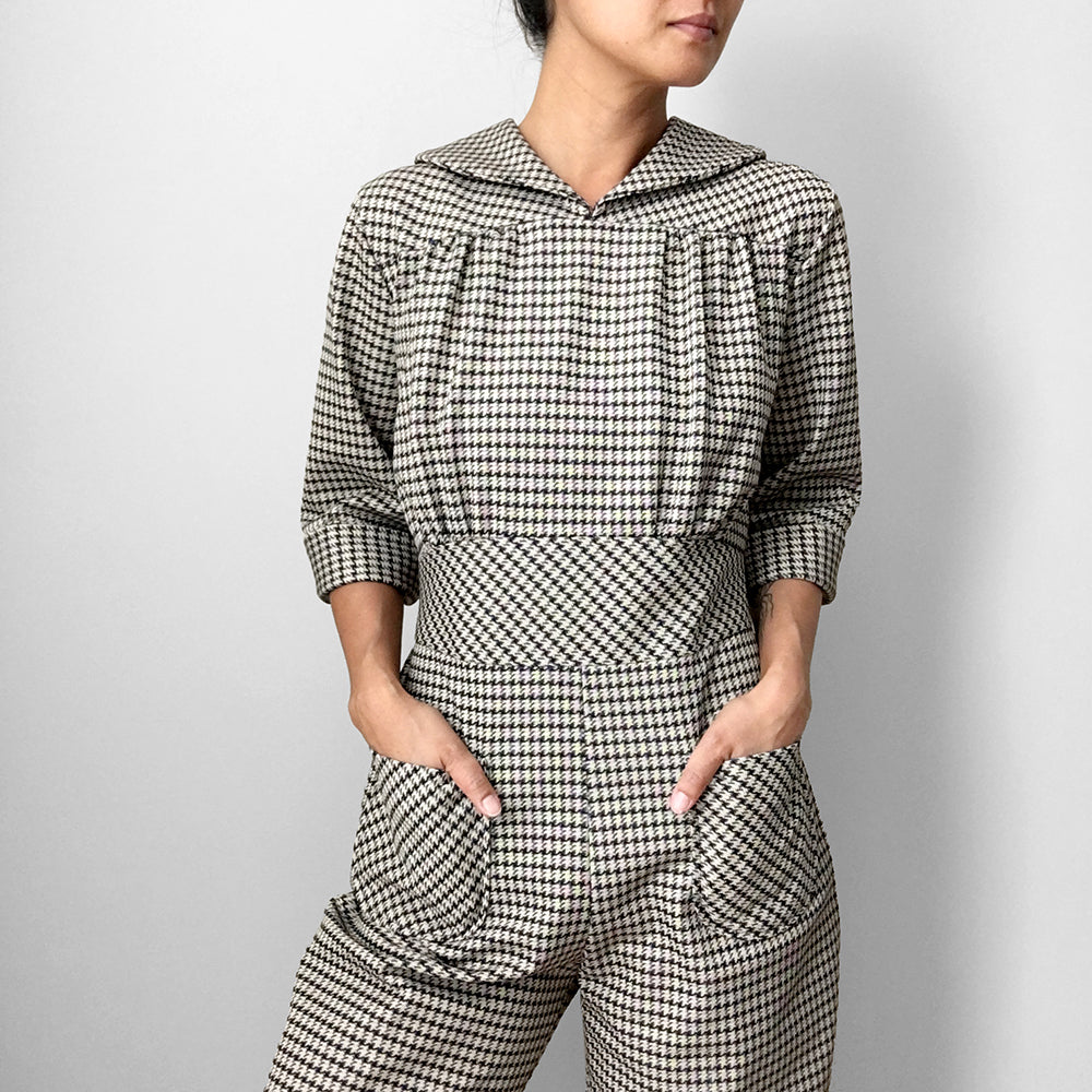 1970s Houndstooth Plaid One Piece Jumpsuit