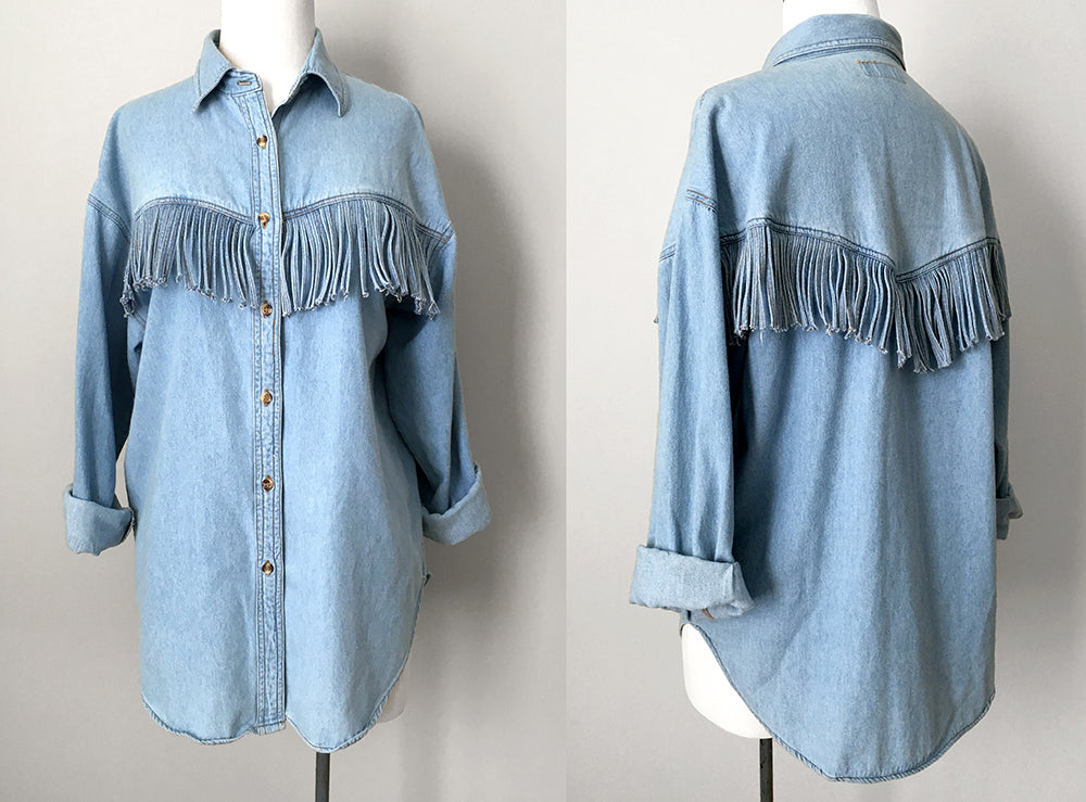 1990s Light-Wash South Western Fringe Button-Up Denim Jean Shirt