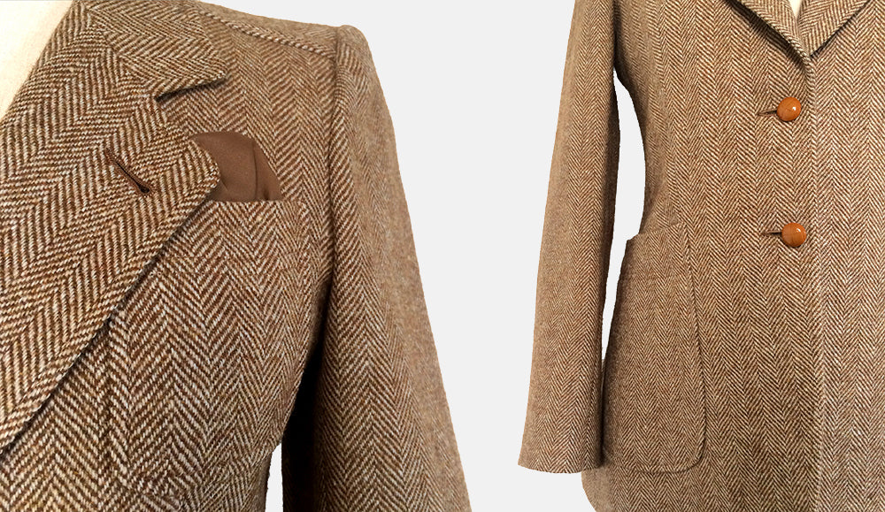 1970s Beige and Brown Tweed and Leather Made in France Fitted Blazer Jacket