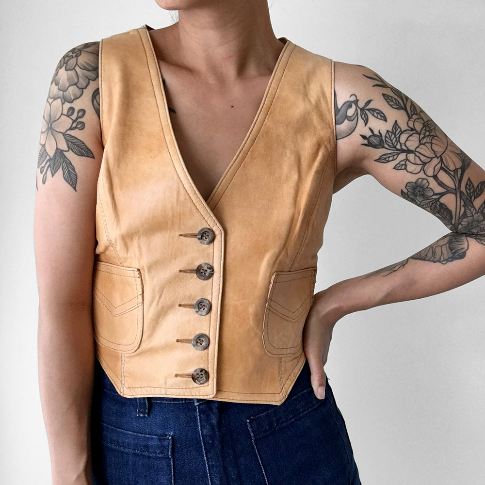 1970s Tan Leather Crop Button-Front Western Vest