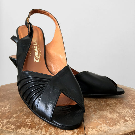 1970s Black Leather Peep Toe Slingback Heeled Shoes