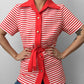 1970s Red and White Striped Wide-Lapel Belted Button-Front Short Sleeve Shirt