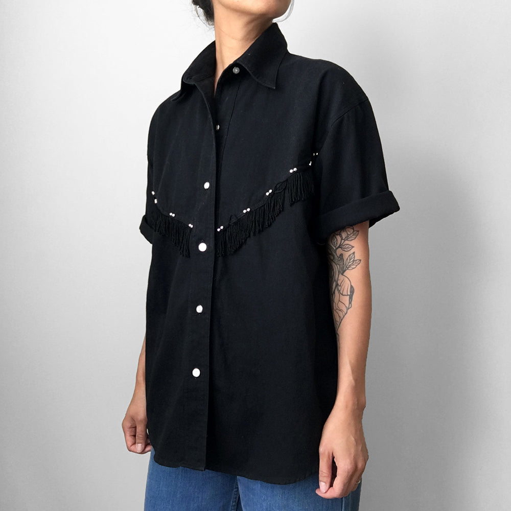 1980s Black Chambray Beaded Fringe Button-Front Collared Shirt