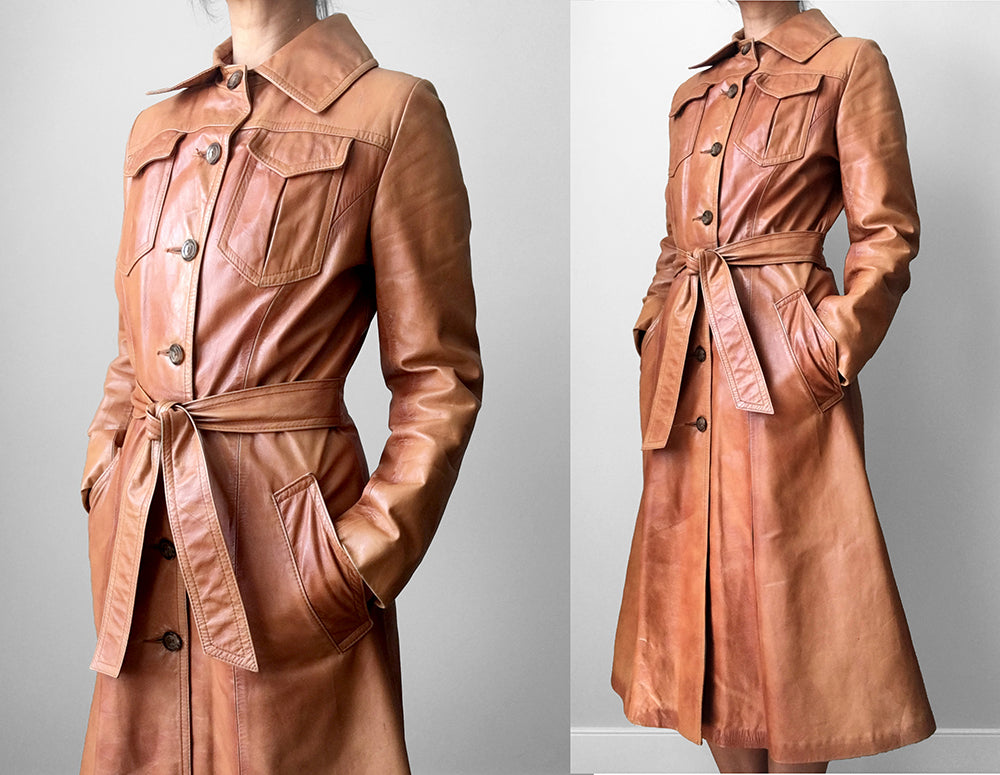 1970s Made in Canada Long Tobacco Brown Belted Leather Coat