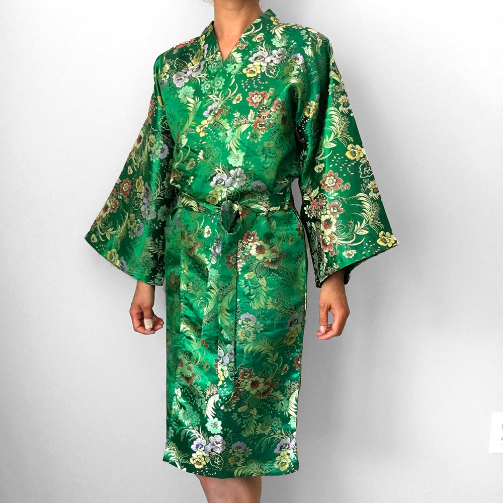 Emerald Green Satin Botanical Belted Kimono