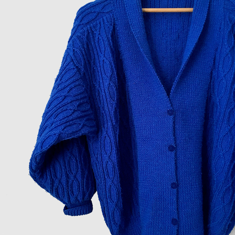 1980s Indigo Blue Slouchy Cable-Knit Cardigan Sweater