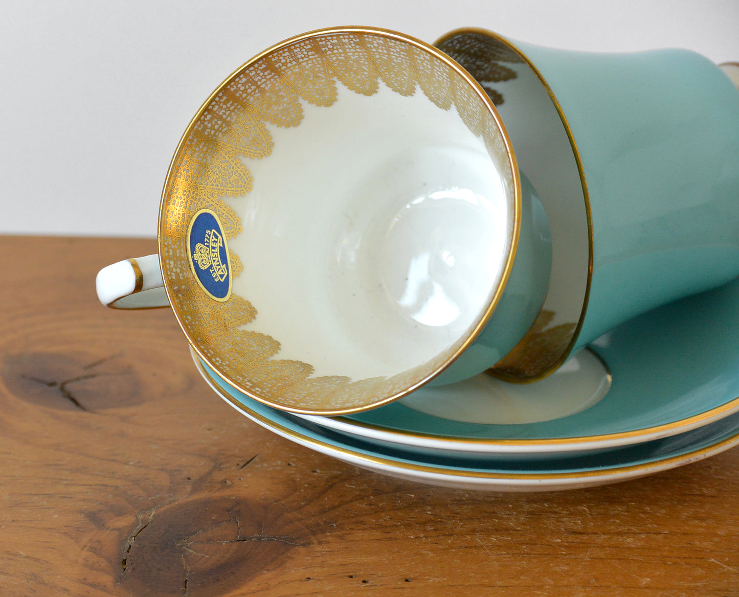 Set of 2 Vintage Turquoise and Gold Trimmed Made in England Ansley Teacup and Saucer Sets