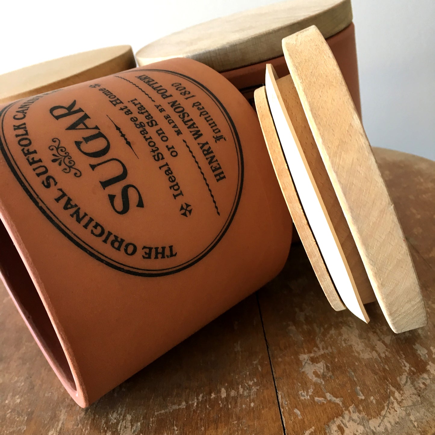 Original Suffolk Henry Watson Coffee Tea and Sugar Pottery and Wood Canisters Set