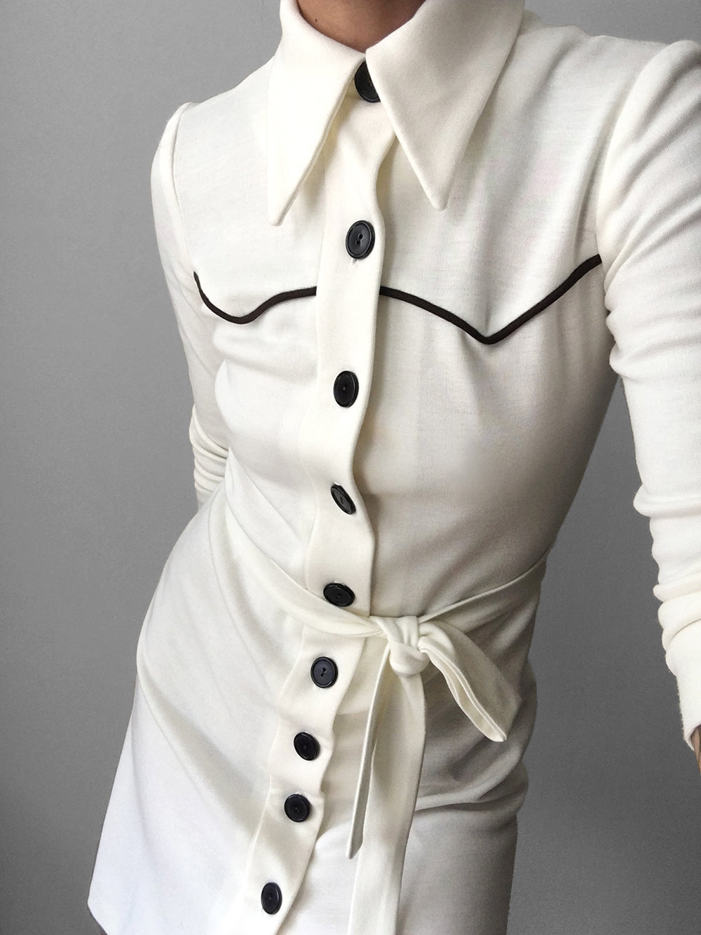 1970s Made in Canada Wide Lapel Button Up Off-White Belted Shirt Dress