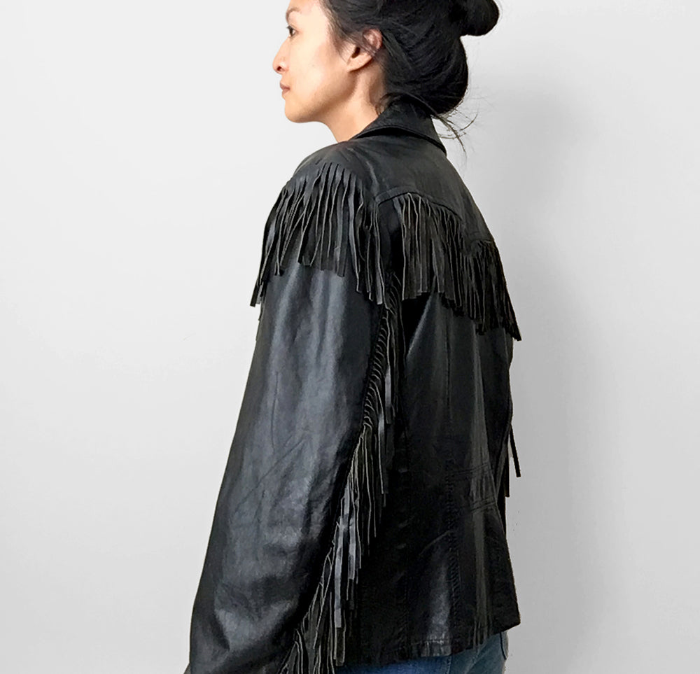 1970s Black Fringe Leather Biker Jacket