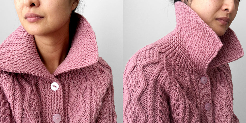 Handmade Dusty-Rose Cable-Knit Collared Knit Cardigan Sweater