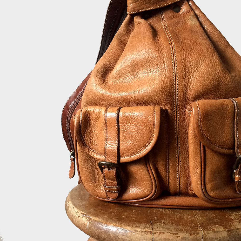 1990s High-End Buttery Soft Tan Leather Bucket Backpack Purse