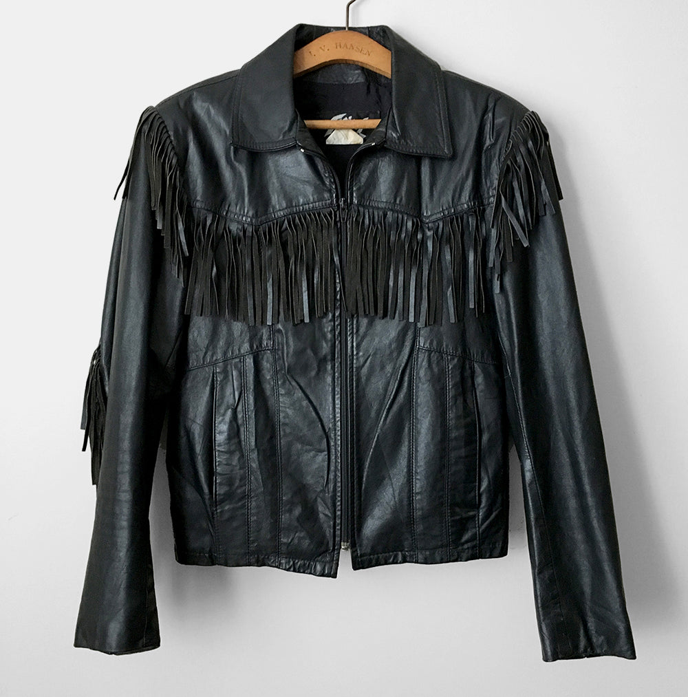 1970s Black Fringe Leather Biker Jacket