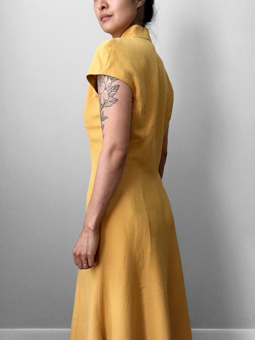 1990s Made in Germany Yellow Button-Front Mandarin Collar Dress