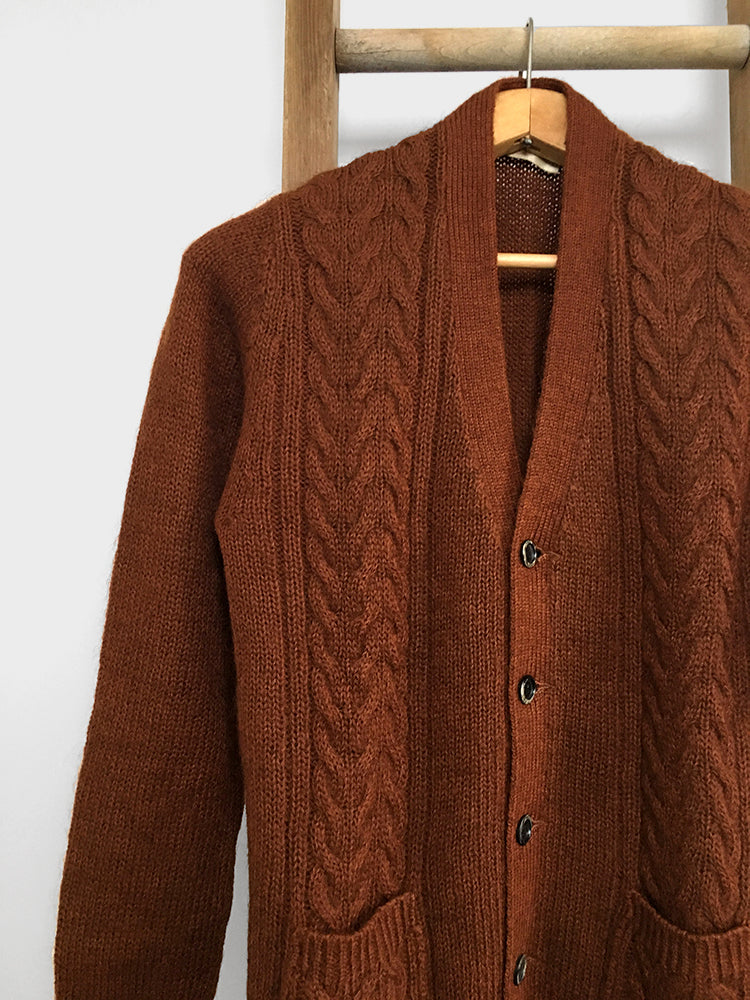 1970s Made in Japan Rust Cable-Knit Cardigan Sweater