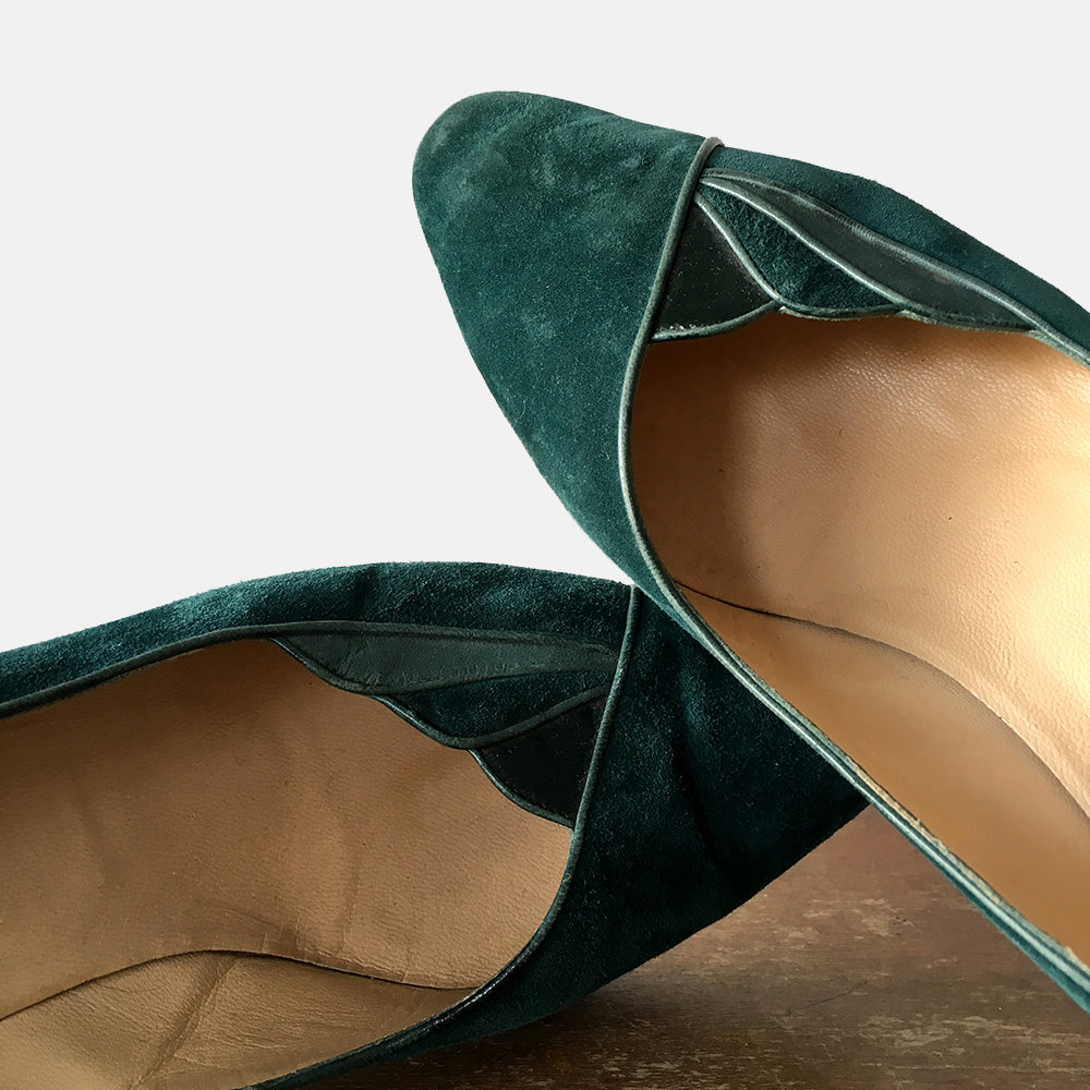 Emerald Green Suede Leather Art Deco Style Slip On Shoes