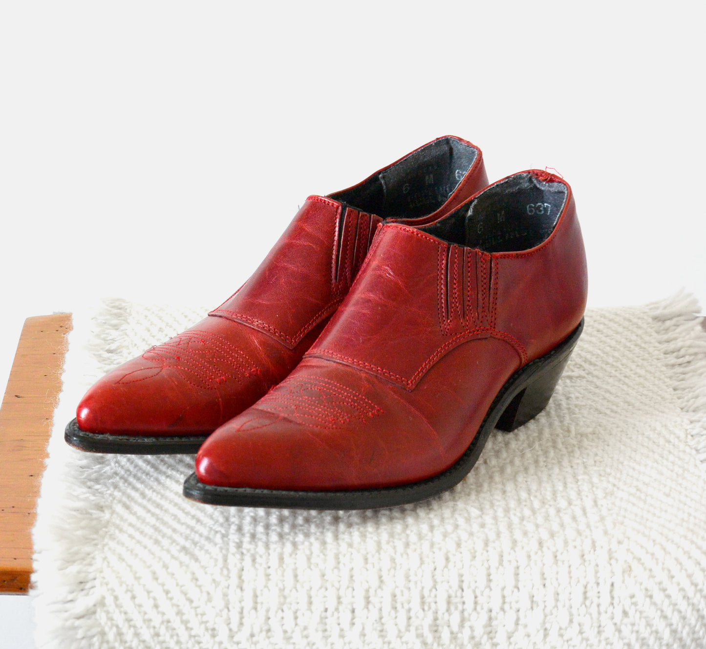 1980s Code West Made in the USA Red South Western Slip-On Leather Ankle Boots