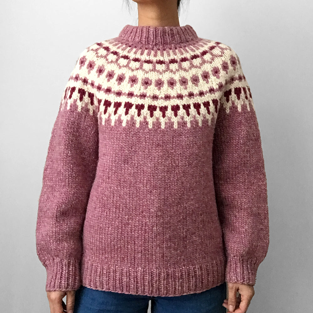 Mauve and Cream Handmade Nordic Knit Pullover Sweater