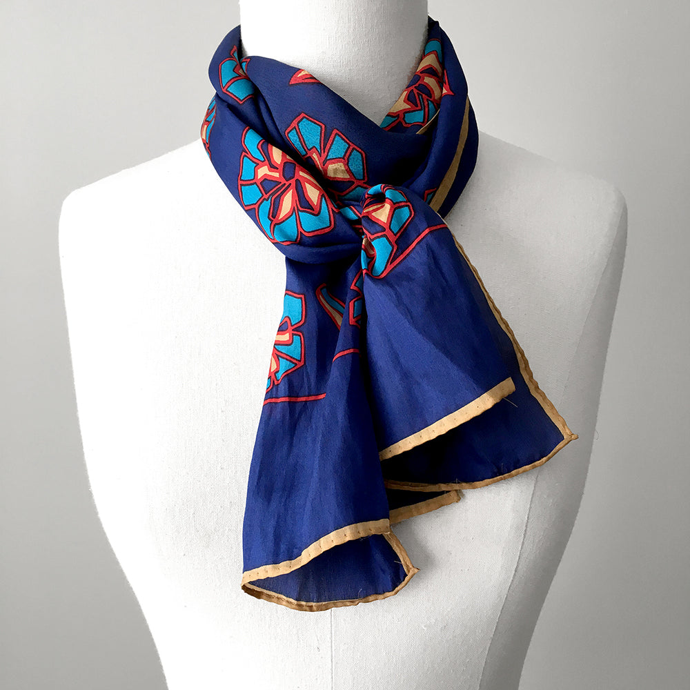 1960s Monique Martin Royal Blue Floral Scarf Kerchief