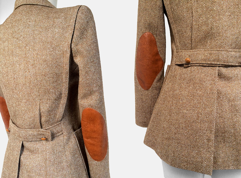 1970s Beige and Brown Tweed and Leather Made in France Fitted Blazer Jacket