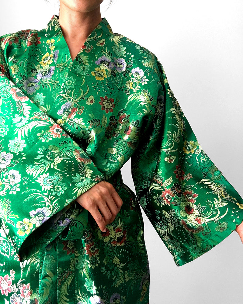 Emerald Green Satin Botanical Belted Kimono