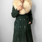 1970s Made in England Faux Fur Collared Hunter-Green Suede Leather Belted Coat