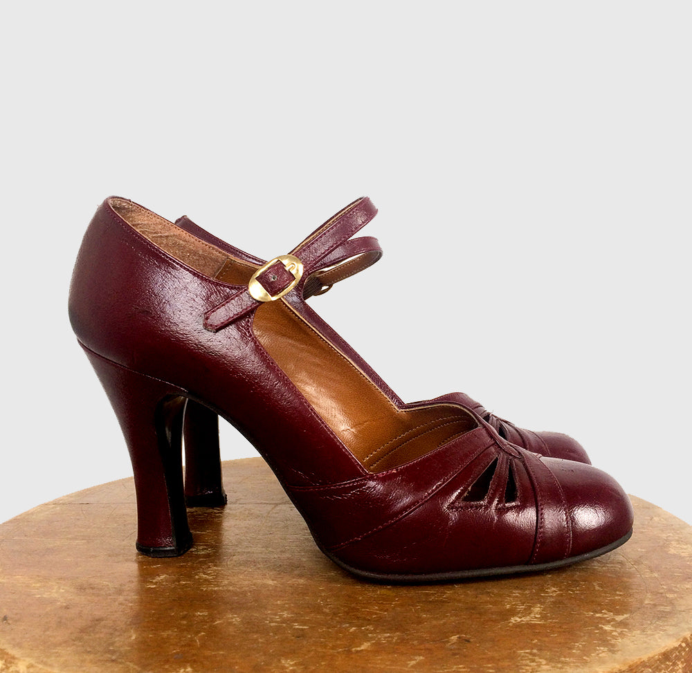 1970s Wine Red Mary Jane High-Heel Leather Pumps