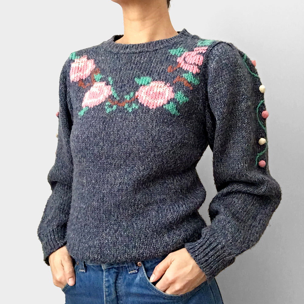 1970s Bobble-Knit Hand-Knit Handmade Floral Pullover Sweater