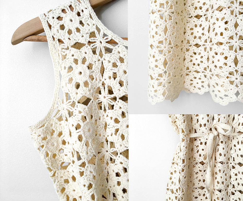 1970s Belted Knee-Length Fitted Cream Crochet Dress