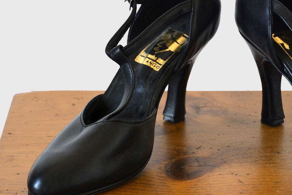 1970s Black Leather T-Strap High Heel Pump