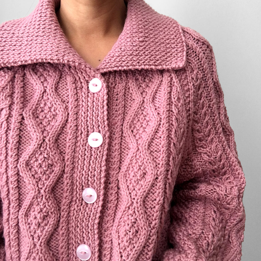 Handmade Dusty-Rose Cable-Knit Collared Knit Cardigan Sweater