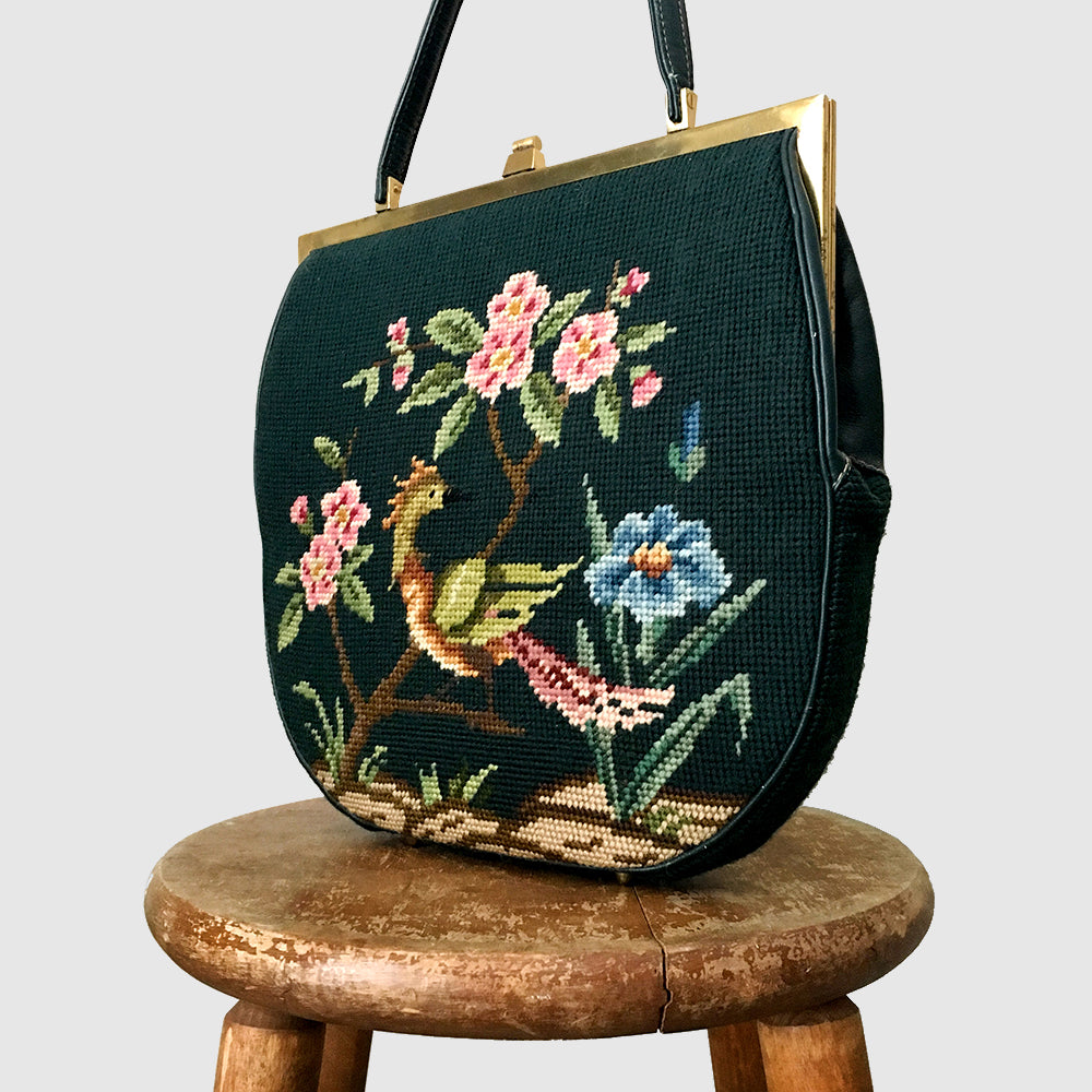 Teal Flower and Bird Needlepoint Handbag