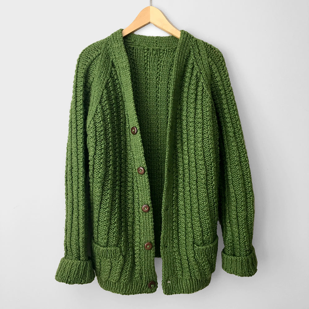 Apple-Green Button-Front Handmade Knit Cardigan