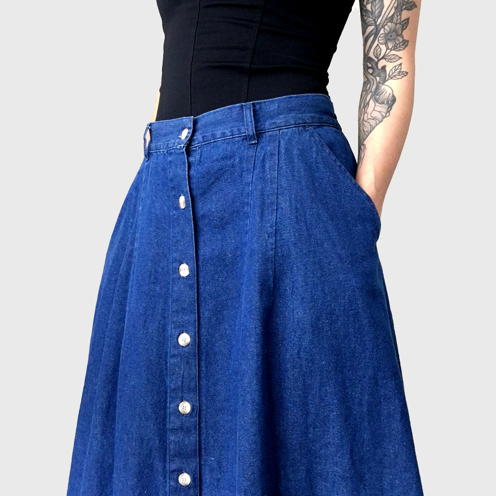 1990s Button-Front Dark Denim Midi-Length Skirt