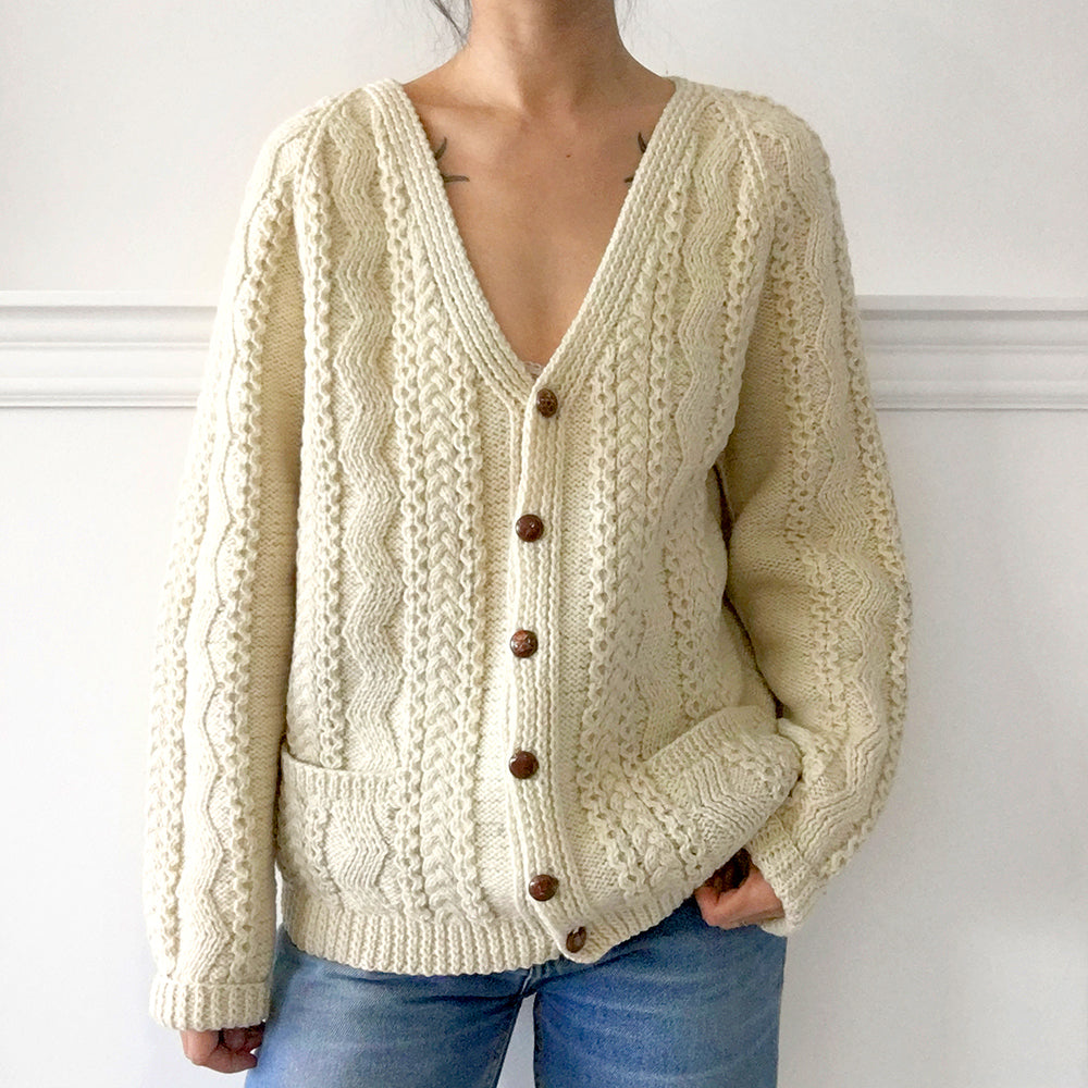 Cream Wool V-Neck Cable-Knit Cardigan, Sweater