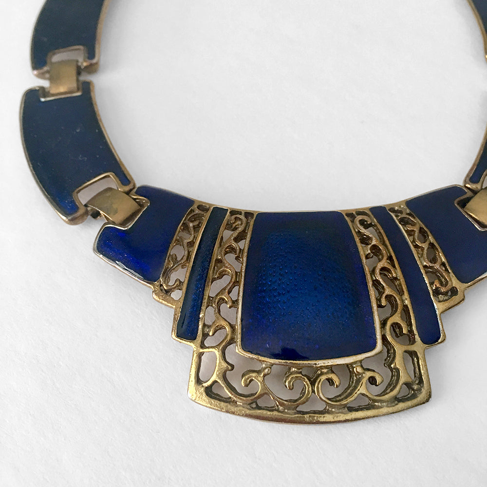 1970s Blue Gold-toned Enamel Sapphire Blue-Toned Link Necklace