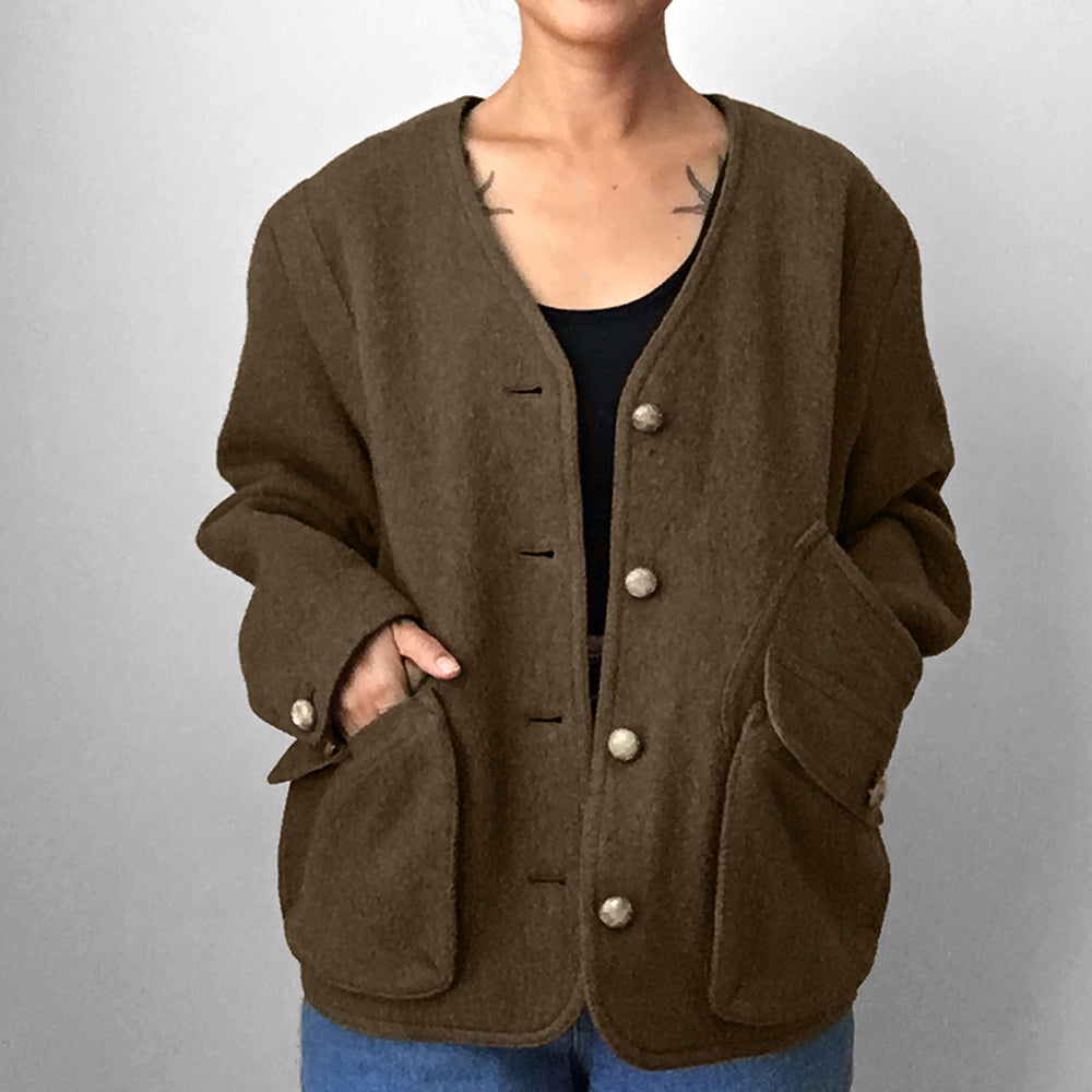 Olive-Green Wool-Blend Military-Inspired Boxy Jacket