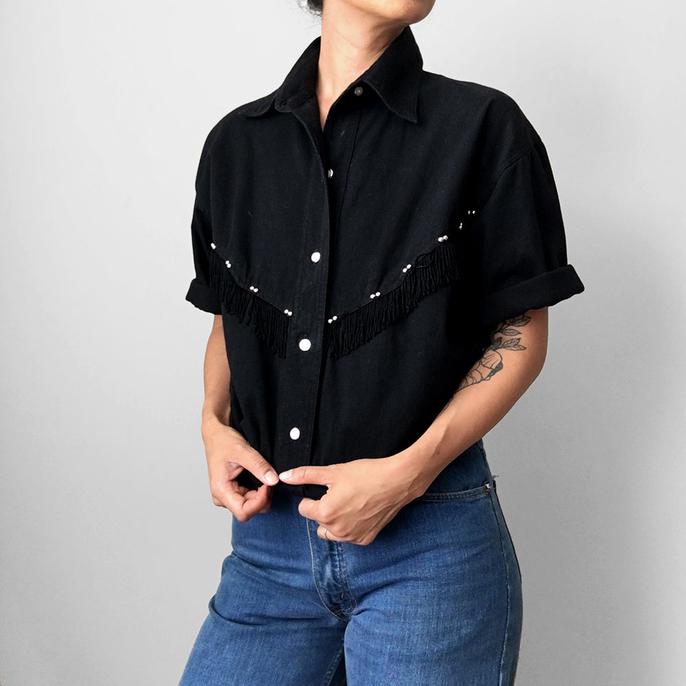 1980s Black Chambray Beaded Fringe Button-Front Collared Shirt